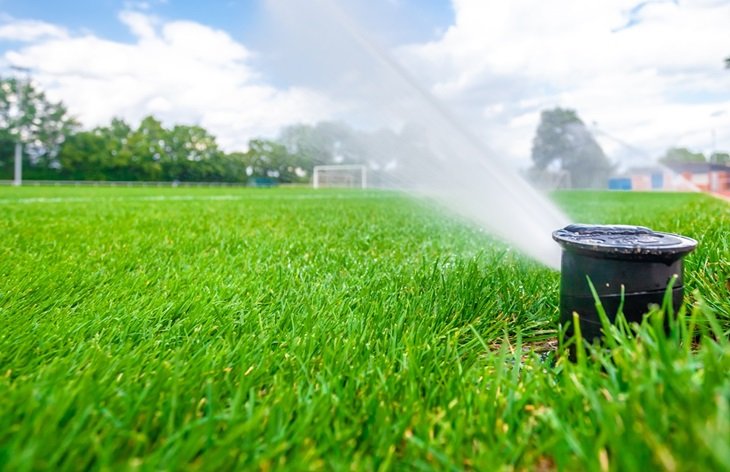 A football pitch is being watered by a sprinkler
